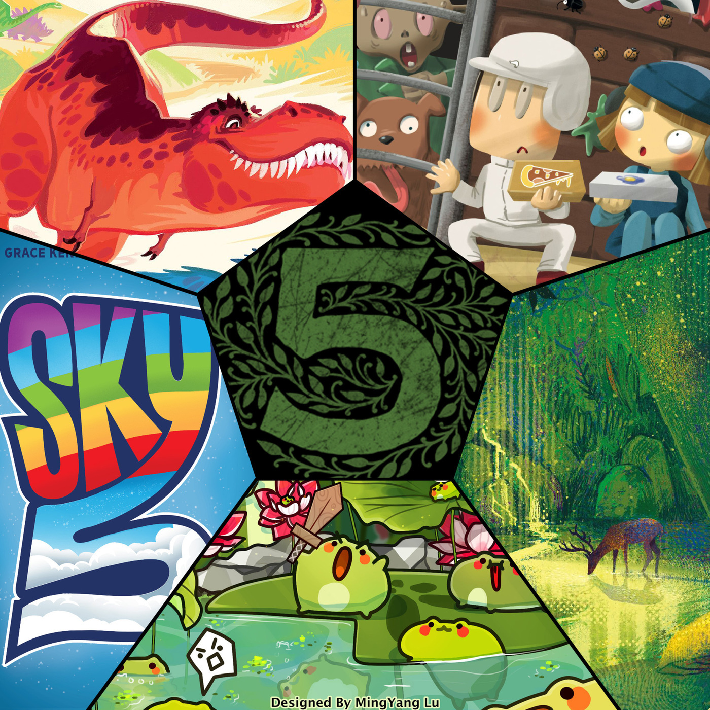 The Five By 179: Dino Racer, Psychic Pizza Deliverers Go to the Ghost Town, Pond, Whispering Woods, Sky 5
